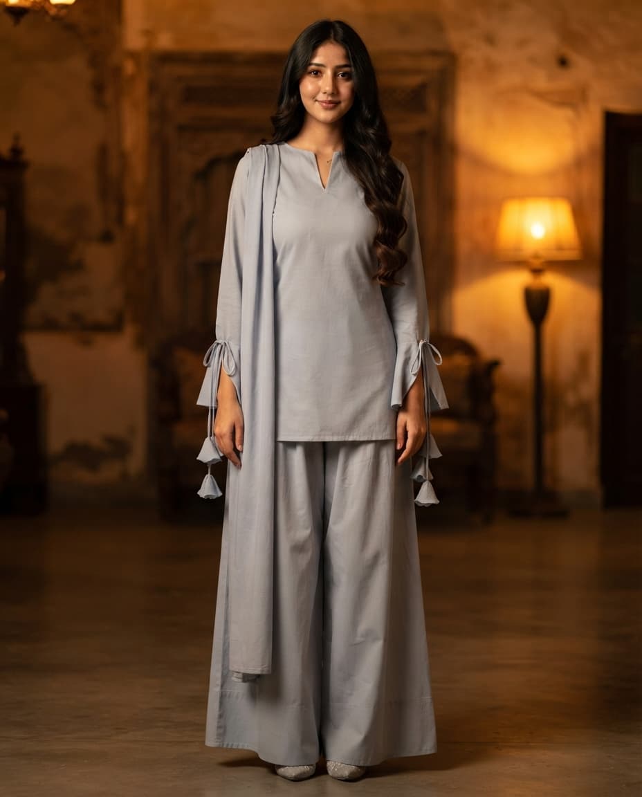 Festive Set photography style: Warm lamplight and rich shadow, for occasion wear.