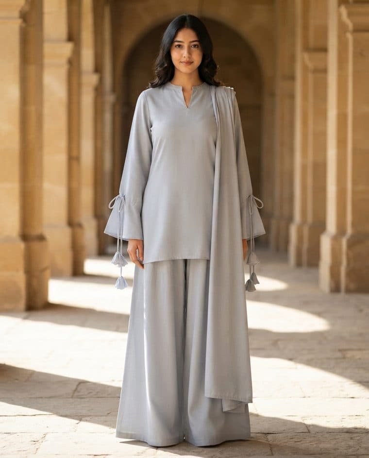 The same garment photographed on a model in a stone colonnade
