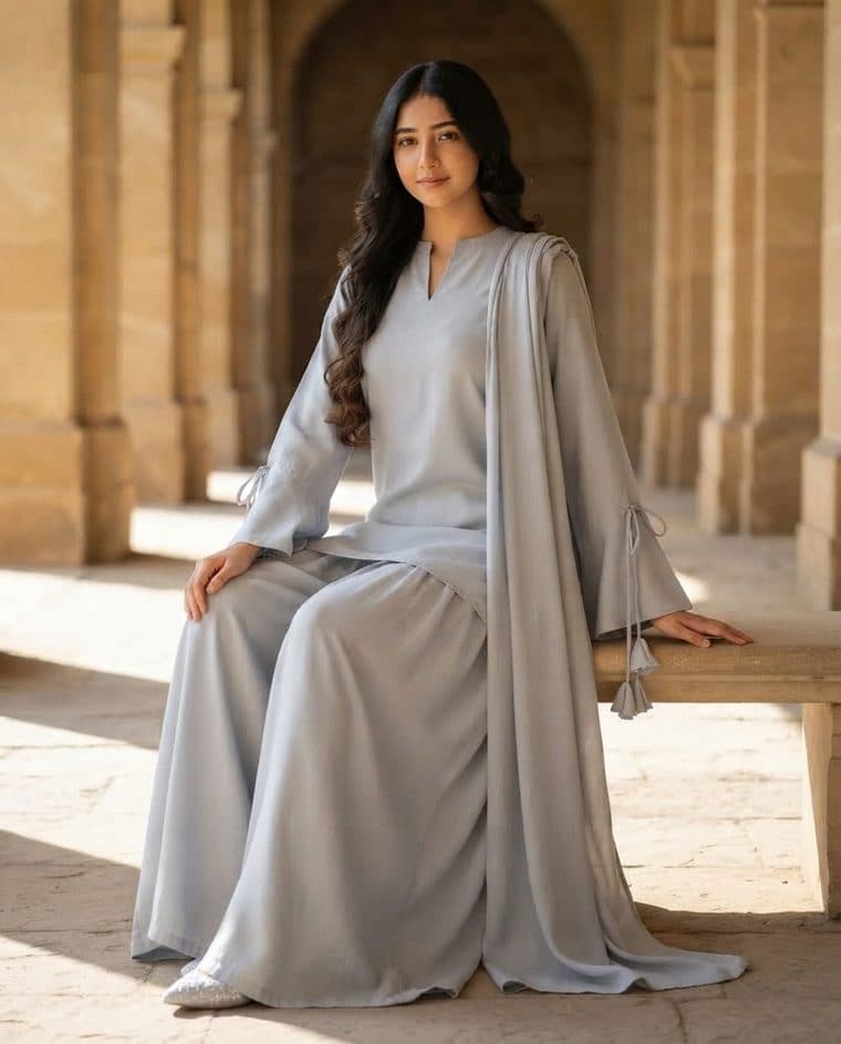 The same garment in a seated frame from the same shoot